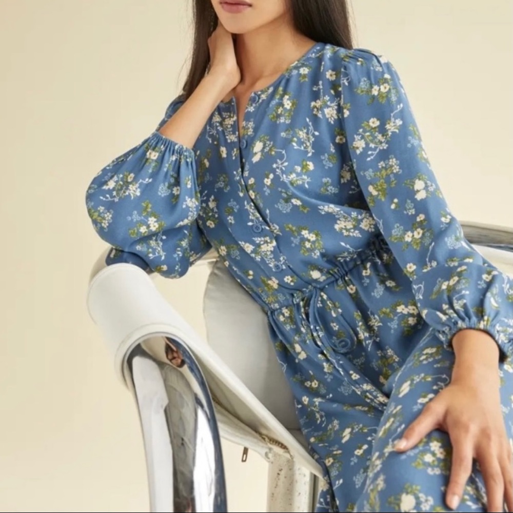 reformation • floral long sleeve blue lisse avery dress - Picture 3 of 13